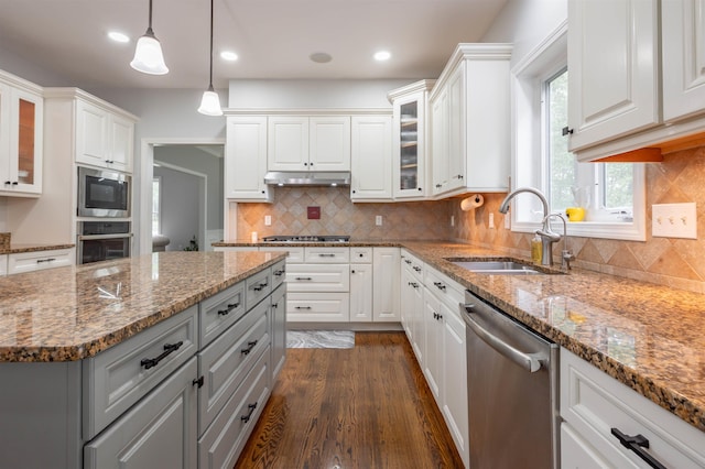 35 Northland Rd, Windham, NH 03087 - kitchen with appliances with stainless steel finishes, a sink, under cabinet range hood, gray cabinets, and white cabinetry