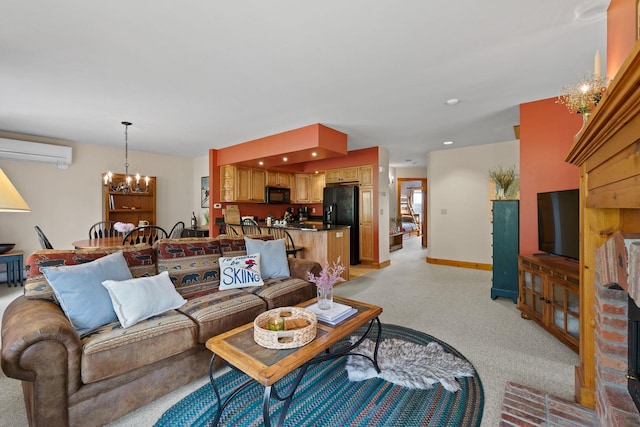 143 Bridge Rd Unit Vc331, Jay, VT 05859 - living room with an AC wall unit, a chandelier, light colored carpet, and baseboards