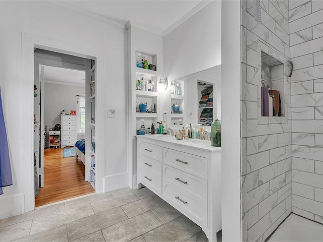 65 Congress St, Saint Albans City, VT 05478 - ensuite bathroom with ornamental molding, vanity, and a tile shower