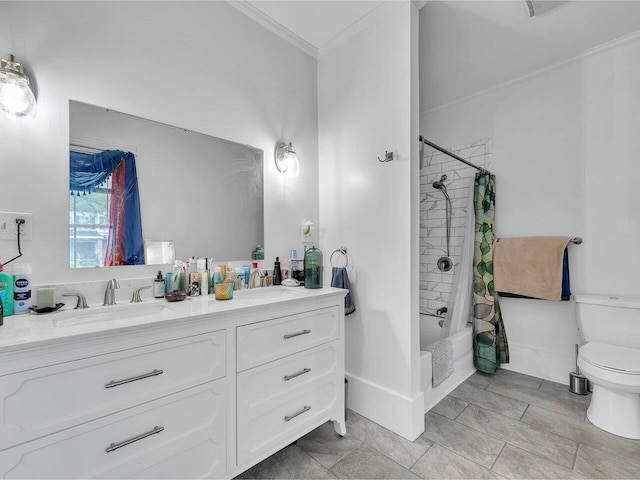 65 Congress St, Saint Albans City, VT 05478 - bathroom with ornamental molding, toilet, double vanity, and shower / bath combo with shower curtain