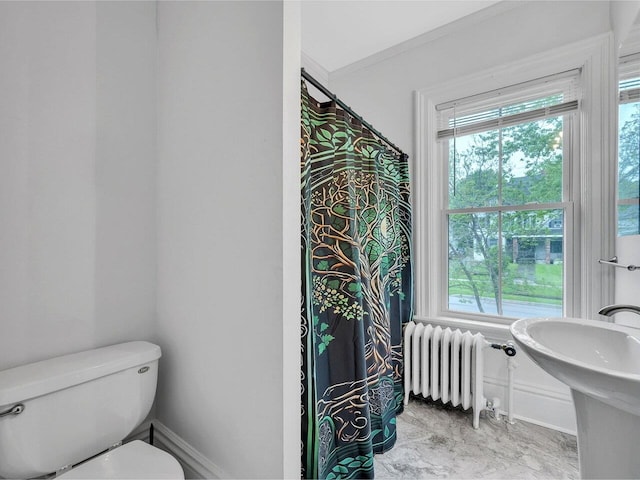 65 Congress St, Saint Albans City, VT 05478 - full bath featuring radiator heating unit, toilet, baseboards, crown molding, and marble finish flooring