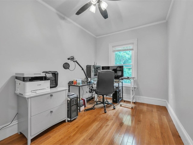 65 Congress St, Saint Albans City, VT 05478 - office area featuring ornamental molding, ceiling fan, light wood finished floors, and baseboards
