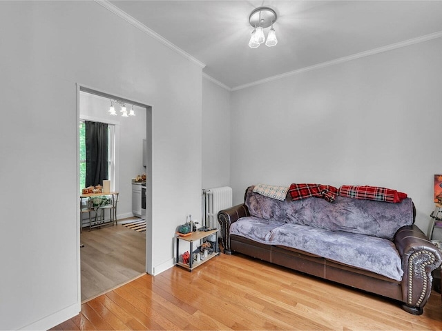 65 Congress St, Saint Albans City, VT 05478 - living area featuring ornamental molding, wood finished floors, radiator heating unit, a chandelier, and baseboards