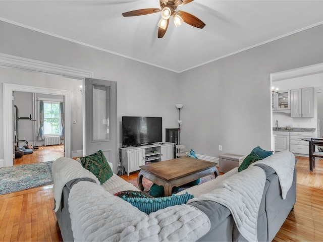65 Congress St, Saint Albans City, VT 05478 - living room with ceiling fan, ornamental molding, light wood-style flooring, radiator, and baseboards
