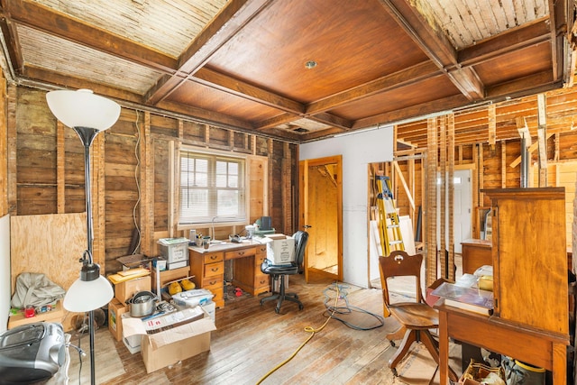 1165 Vt Route 253, Canaan, VT 05903 - office area with wood ceiling with exposed beams, coffered ceiling, and hardwood / wood-style flooring