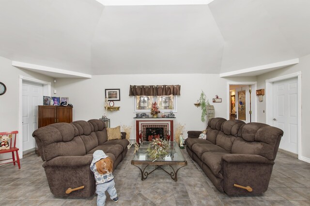 128 Fuller Dr, Canaan, VT 05903 - tiled living area featuring high vaulted ceiling and a fireplace