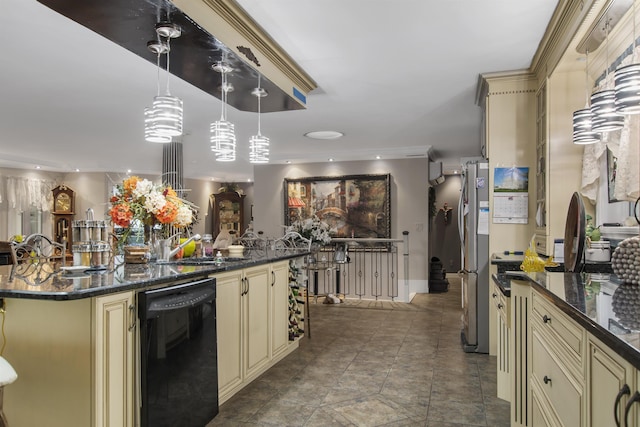 128 Fuller Dr, Canaan, VT 05903 - kitchen with cream cabinetry, black dishwasher, freestanding refrigerator, decorative light fixtures, and dark stone countertops