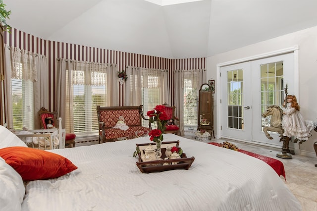 128 Fuller Dr, Canaan, VT 05903 - bedroom featuring access to exterior, lofted ceiling, french doors, and baseboards