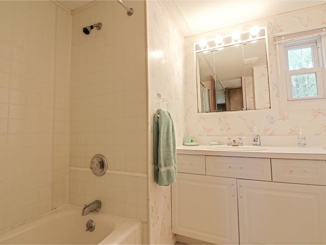 244 Tranquility Ln, Saint Albans Town, VT 05478 - bathroom featuring wallpapered walls, shower / washtub combination, and vanity