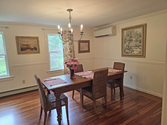 1073 Upper Dummerston Rd, Brattleboro, VT 05301 - dining area with a wall mounted AC, a chandelier, wood finished floors, ornamental molding, and healthy amount of natural light