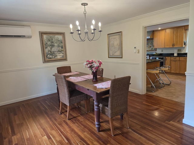 1073 Upper Dummerston Rd, Brattleboro, VT 05301 - dining space featuring a wall mounted air conditioner, a chandelier, crown molding, dark wood-style flooring, and baseboards