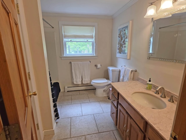 1073 Upper Dummerston Rd, Brattleboro, VT 05301 - full bath featuring a baseboard radiator, vanity, ornamental molding, toilet, and a shower