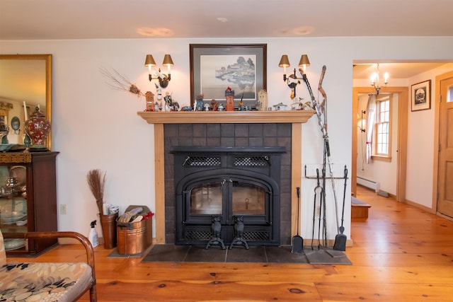 88 Kibling Hill Rd, Tunbridge, VT 05077 - detailed view of wood finished floors, a baseboard radiator, and a fireplace