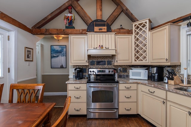 5 N Main St, Wilmington, VT 05363 - kitchen featuring electric range, cream cabinets, white microwave, decorative backsplash, and dark wood-type flooring
