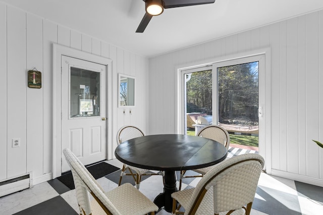 7 Lamson Ln, Hampton, NH 03842 - dining area with baseboard heating, a ceiling fan, and tile patterned floors