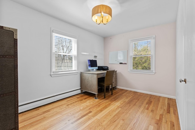 7 Lamson Ln, Hampton, NH 03842 - home office featuring a baseboard radiator, wood finished floors, a chandelier, and baseboards