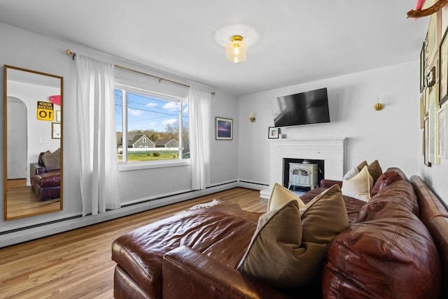 7 Lamson Ln, Hampton, NH 03842 - living room featuring wood finished floors, a fireplace, and a baseboard heating unit