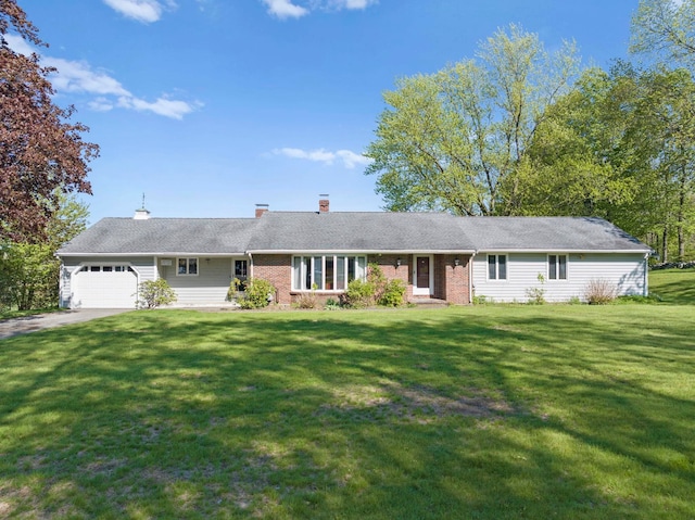 44 Weare Rd, Seabrook, NH 03874 - ranch-style home with an attached garage, a front lawn, a chimney, driveway, and brick siding