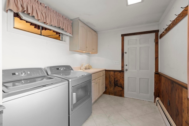 44 Weare Rd, Seabrook, NH 03874 - laundry room featuring wainscoting, independent washer and dryer, a baseboard heating unit, cabinet space, and wood walls