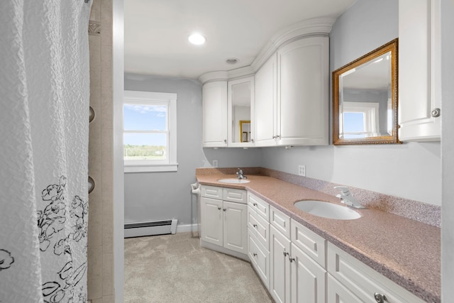 44 Weare Rd, Seabrook, NH 03874 - full bathroom featuring a baseboard radiator, double vanity, a shower with curtain, recessed lighting, and baseboards
