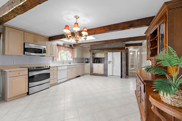 44 Weare Rd, Seabrook, NH 03874 - kitchen featuring appliances with stainless steel finishes, a chandelier, light countertops, beamed ceiling, and decorative light fixtures