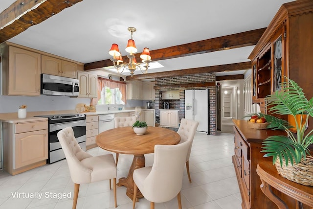 44 Weare Rd, Seabrook, NH 03874 - dining area with a chandelier, beamed ceiling, and light tile patterned floors