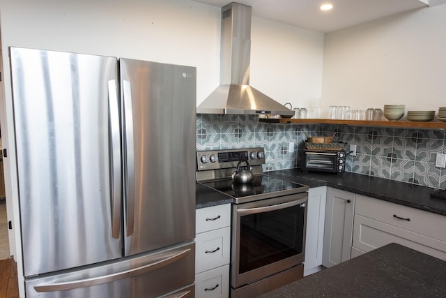 62 Highland Vws N, Ludlow, VT 05149 - kitchen featuring appliances with stainless steel finishes, range hood, open shelves, backsplash, and dark stone countertops