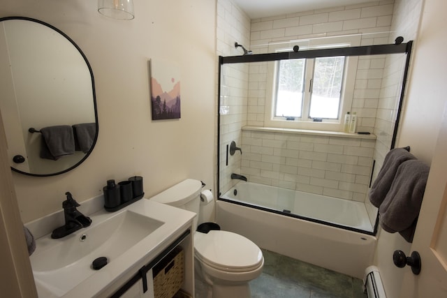 62 Highland Vws N, Ludlow, VT 05149 - bathroom featuring toilet, enclosed tub / shower combo, vanity, and baseboard heating