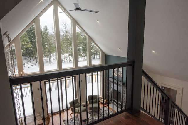 62 Highland Vws N, Ludlow, VT 05149 - staircase with high vaulted ceiling, wood finished floors, and ceiling fan