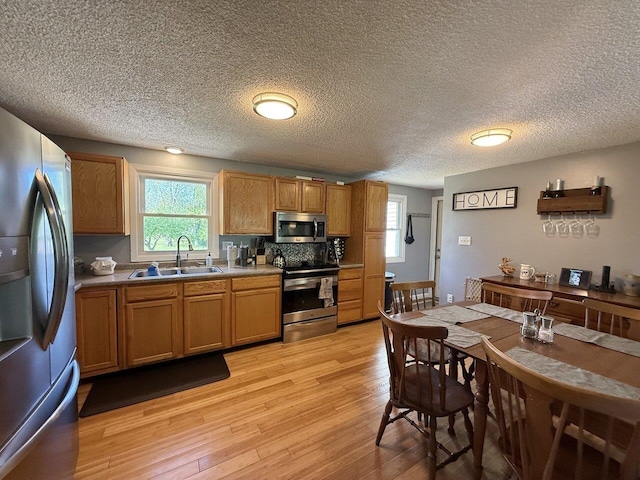 50 New Haven Rd, Vergennes, VT 05491 - kitchen featuring appliances with stainless steel finishes, a sink, light wood-style flooring, brown cabinets, and a textured ceiling