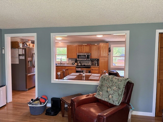 50 New Haven Rd, Vergennes, VT 05491 - kitchen with stainless steel appliances, a sink, a textured ceiling, wood finished floors, and baseboards