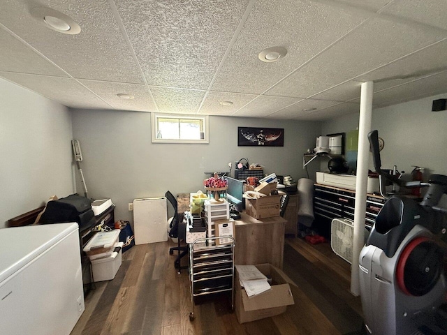 50 New Haven Rd, Vergennes, VT 05491 - below grade area featuring wood finished floors, refrigerator, a drop ceiling, and recessed lighting