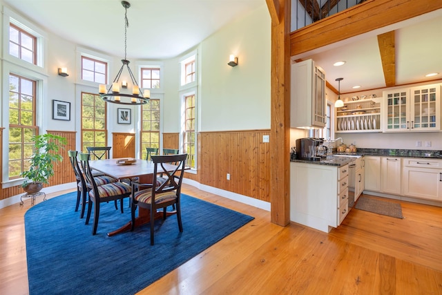 10 Wiswall Hill Rd, Newfane, VT 05345 - dining space with wainscoting, light wood finished floors, wooden walls, baseboards, and recessed lighting