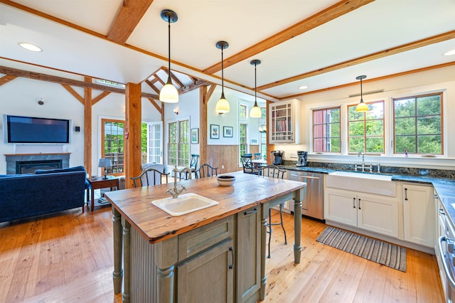 10 Wiswall Hill Rd, Newfane, VT 05345 - kitchen with wooden counters, dishwasher, a sink, light wood-style floors, and open floor plan