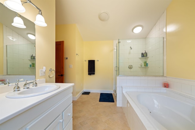 10 Wiswall Hill Rd, Newfane, VT 05345 - bathroom with a stall shower, a garden tub, vanity, and baseboards