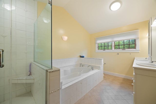 10 Wiswall Hill Rd, Newfane, VT 05345 - full bath featuring vanity, vaulted ceiling, a bath, a stall shower, and baseboards