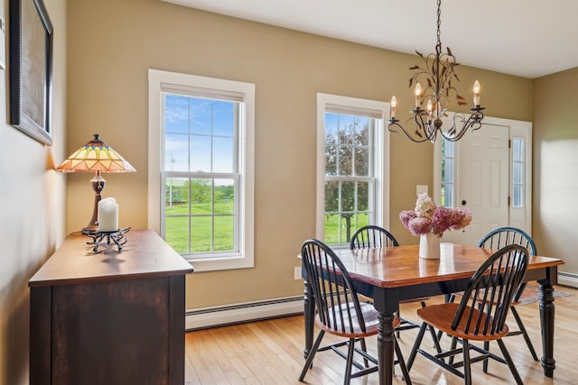 222 Park View Rd, Springfield, VT 05156 - dining room with baseboard heating, a chandelier, and light wood-style floors