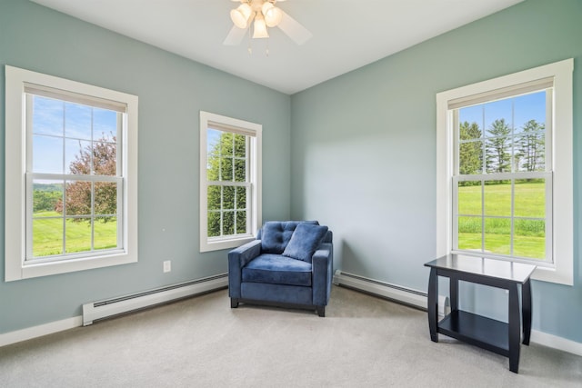 222 Park View Rd, Springfield, VT 05156 - sitting room with a baseboard radiator, light carpet, and ceiling fan