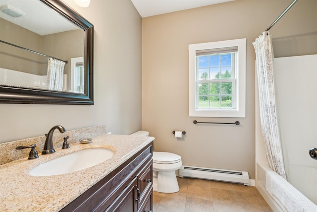 222 Park View Rd, Springfield, VT 05156 - bathroom with a baseboard radiator, vanity, toilet, shower / tub combo with curtain, and baseboards