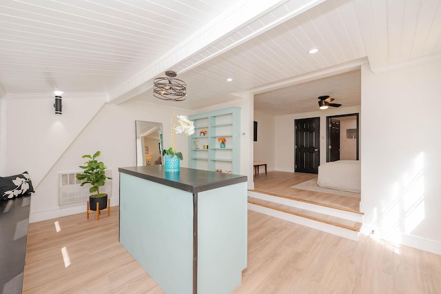 42 College Rd, Stratham, NH 03885 - kitchen with dark countertops, baseboards, light wood-type flooring, ceiling fan, and wood ceiling