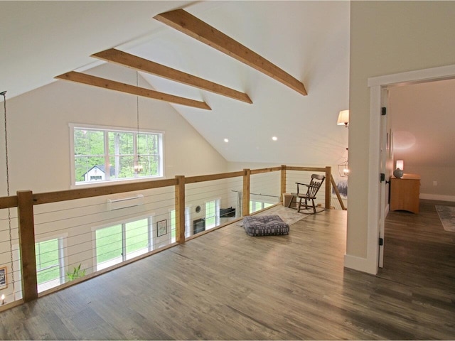 1585 Amidon Rd Unit 1, 2, 3, Montgomery, VT 05471 - unfurnished living room featuring beamed ceiling, high vaulted ceiling, wood finished floors, recessed lighting, and plenty of natural light