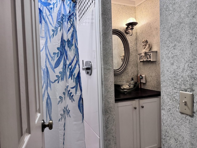 22 Chestnut St, Claremont, NH 03743 - bathroom featuring vanity, a shower with shower curtain, and ornamental molding