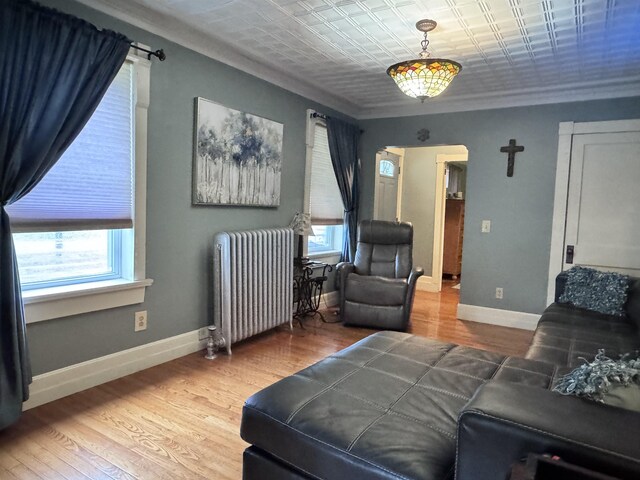 22 Chestnut St, Claremont, NH 03743 - living area with radiator heating unit, baseboards, wood finished floors, an ornate ceiling, and ornamental molding