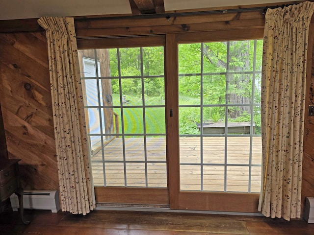 3458 Vt Route 30, Jamaica, VT 05343 - doorway to outside with a baseboard radiator and dark wood finished floors