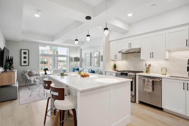 18 Artisan Dr Unit 419, Salem, NH 03079 - kitchen featuring stainless steel appliances, open floor plan, under cabinet range hood, light wood-type flooring, and recessed lighting