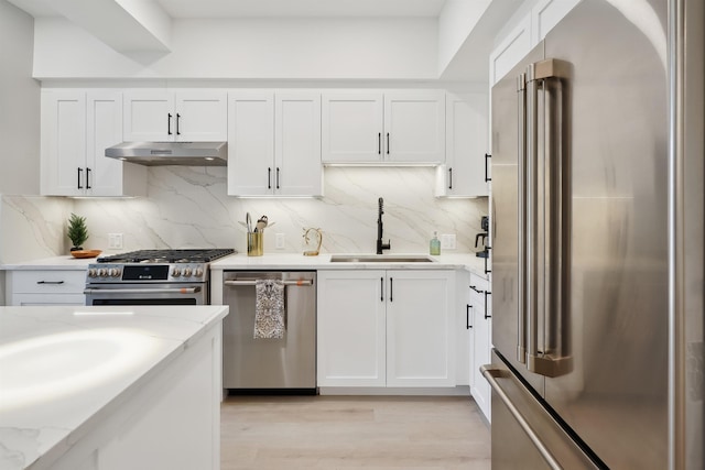 18 Artisan Dr Unit 419, Salem, NH 03079 - kitchen featuring premium appliances, a sink, under cabinet range hood, tasteful backsplash, and light stone counters