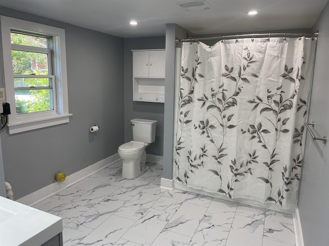 10 Deering Center Rd, Deering, NH 03244 - full bathroom featuring toilet, baseboards, vanity, a shower with shower curtain, and recessed lighting