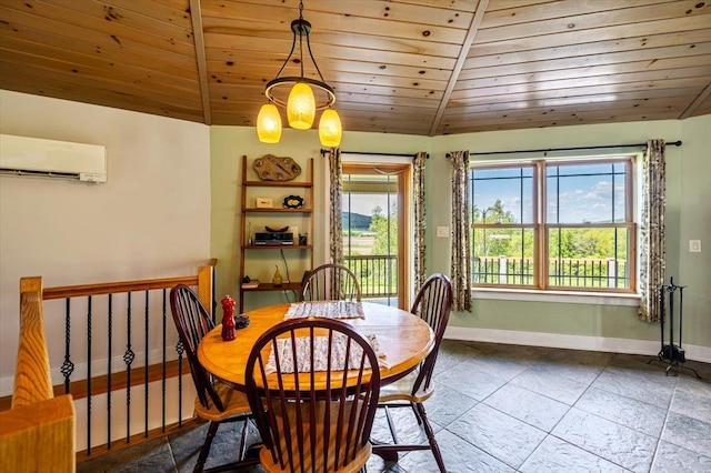 300 River Rd, Enosburg, VT 05450 - dining room with a wall mounted AC, wood ceiling, baseboards, lofted ceiling, and tile patterned flooring