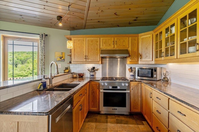 300 River Rd, Enosburg, VT 05450 - kitchen featuring stainless steel appliances, under cabinet range hood, a sink, wooden ceiling, and a peninsula