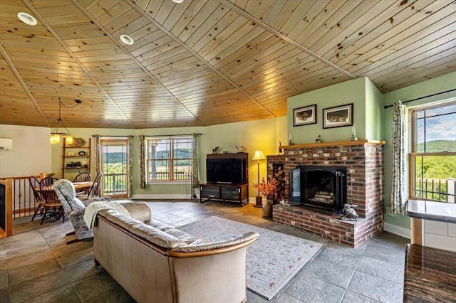 300 River Rd, Enosburg, VT 05450 - living area with healthy amount of natural light, wooden ceiling, baseboards, and a fireplace
